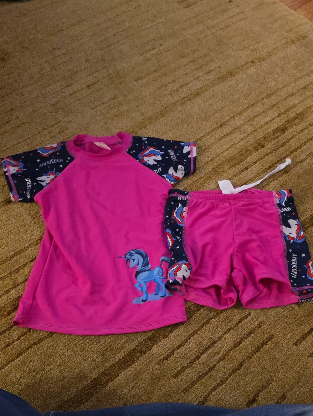 Kids Pink Unicorn Rashguard Set - Short Sleeve Top & Swim Shorts Size S